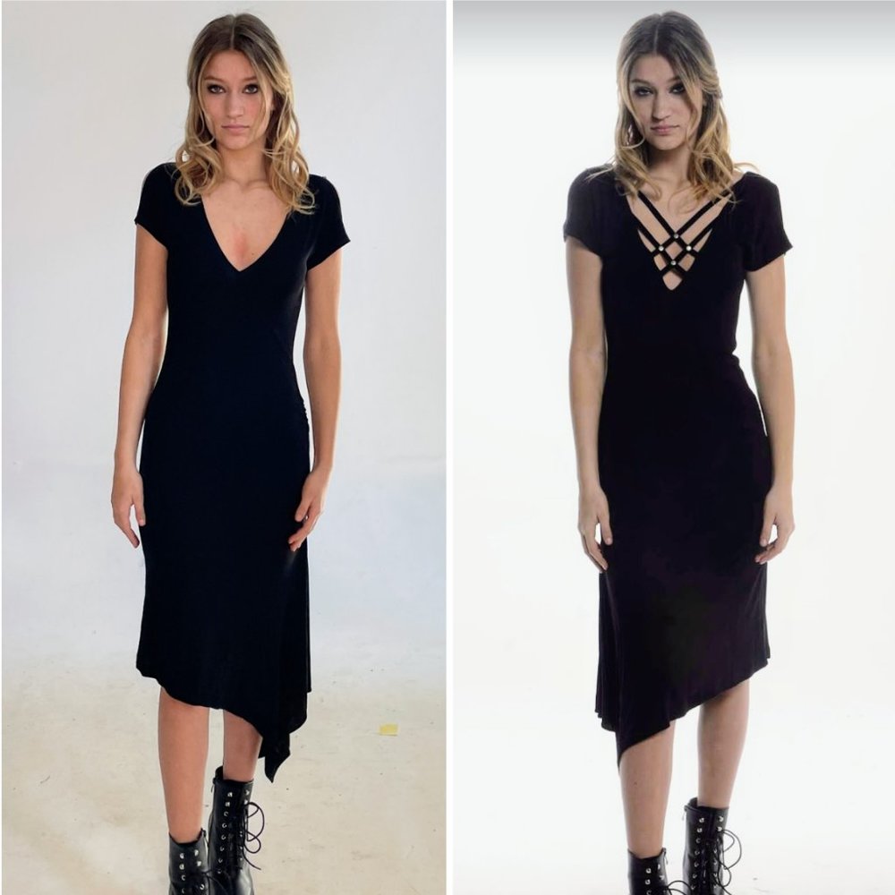 Ted Baker London Black V-Neck Split Sleeve Asymmetrical Hem Dress Size: 1